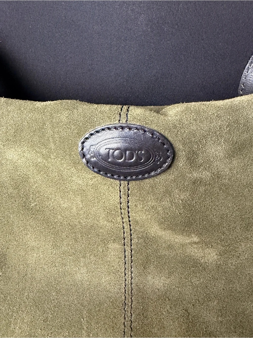 TOD’S Olive Green Suede Tote with Black Leather Handles